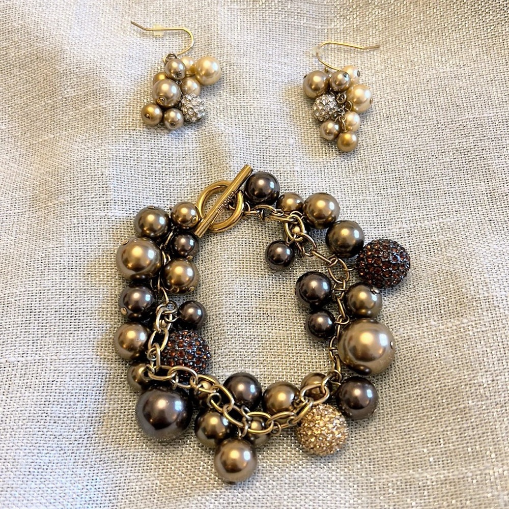 Carolee Vintage Bracelet 7.2” Brown & Gold Tone Sparkly Beads, Matching Earrings